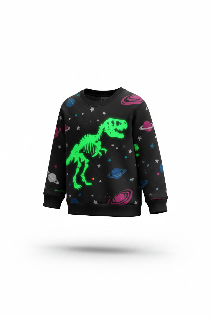 Dino Wear Crewneck in black with neon green T-Rex skeleton and cosmic print