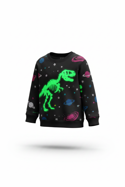 Dino Wear Crewneck in black with neon green T-Rex skeleton and cosmic print