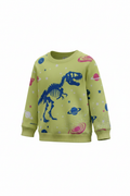Dino Wear Crewneck in yellow-green with blue T-Rex skeleton and cosmic print