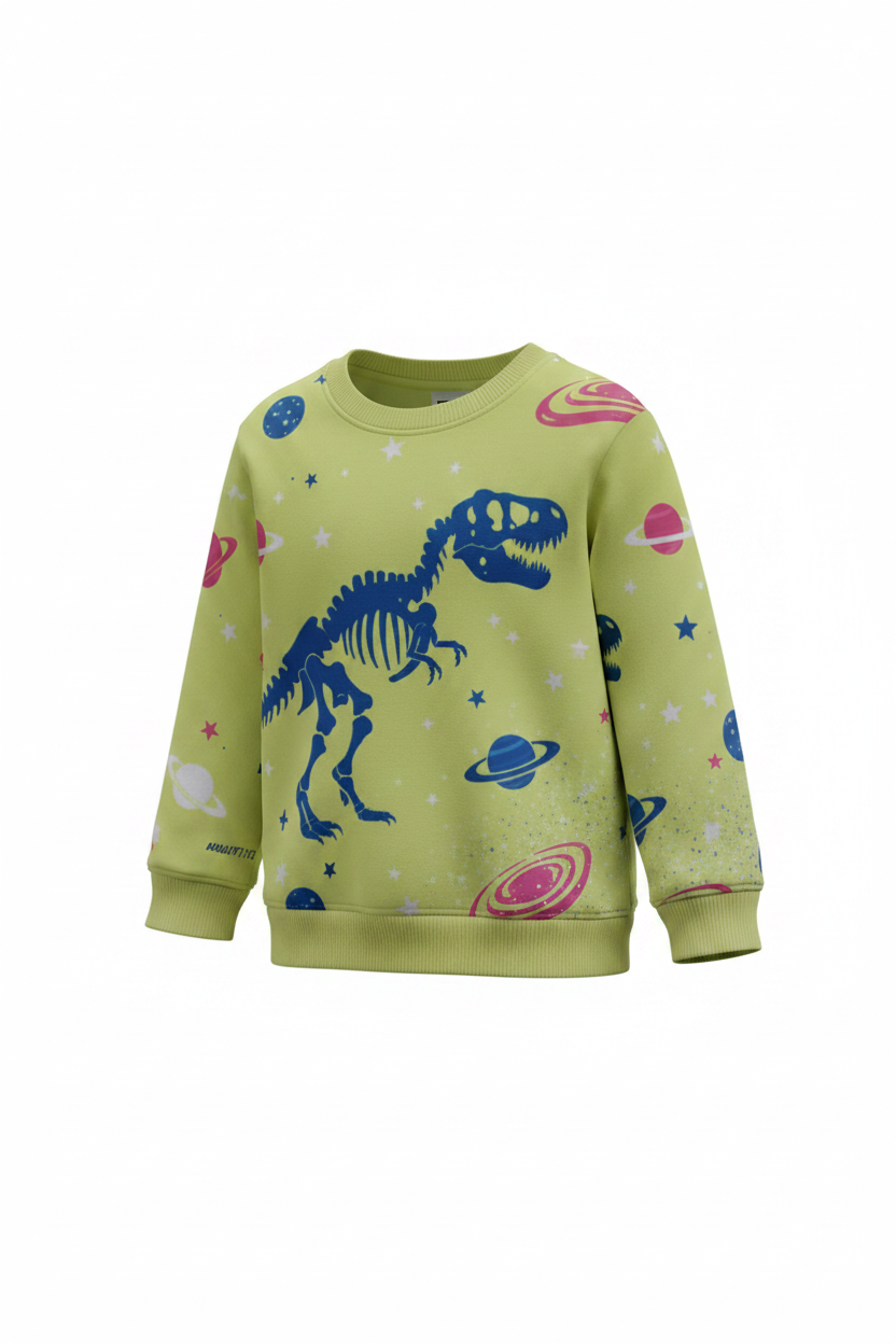 Dino Wear Crewneck in yellow-green with blue T-Rex skeleton and cosmic print