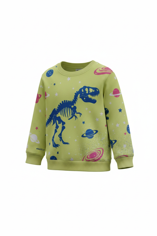 Dino Wear Crewneck in yellow-green with blue T-Rex skeleton and cosmic print